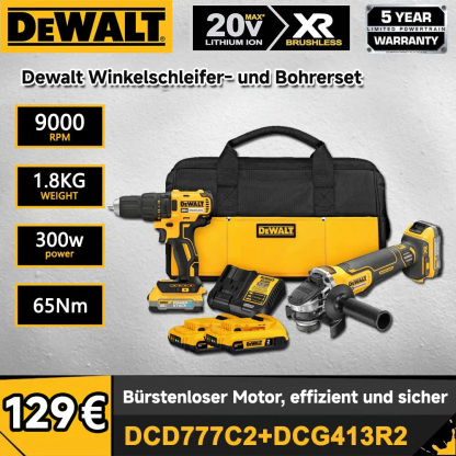【DEWALT 100. Jubiläum - Jubiläumsverkauf】 Dewalt-Set: Winkelschleifer + Bohrmaschine Originalpreis: 210 € Verkaufspreis: 129 € Nur 300 Sets verfügbar! Jetzt bestellen!