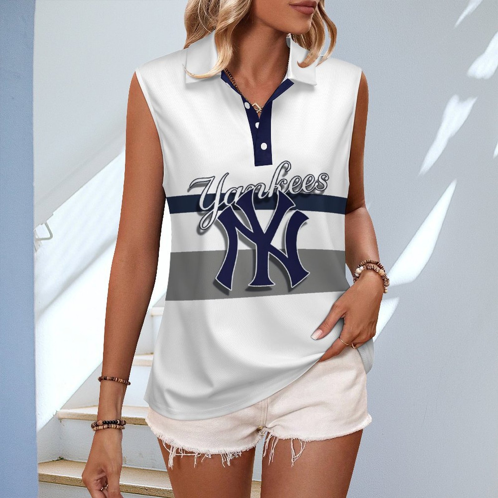 V-neck Sleeveless Casual POLO Shirt Tank Top for Women Printed with Pattern ,Blue