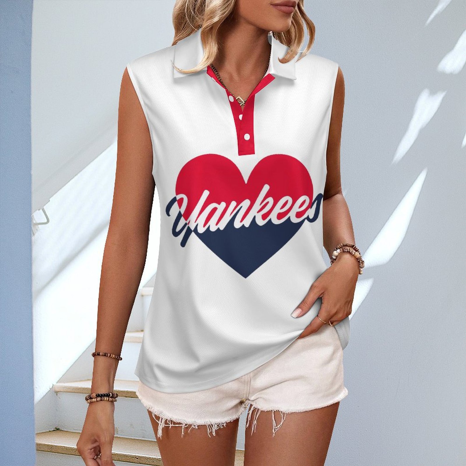 V-neck Sleeveless Casual POLO Shirt Tank Top for Women Printed with Pattern ,Blue