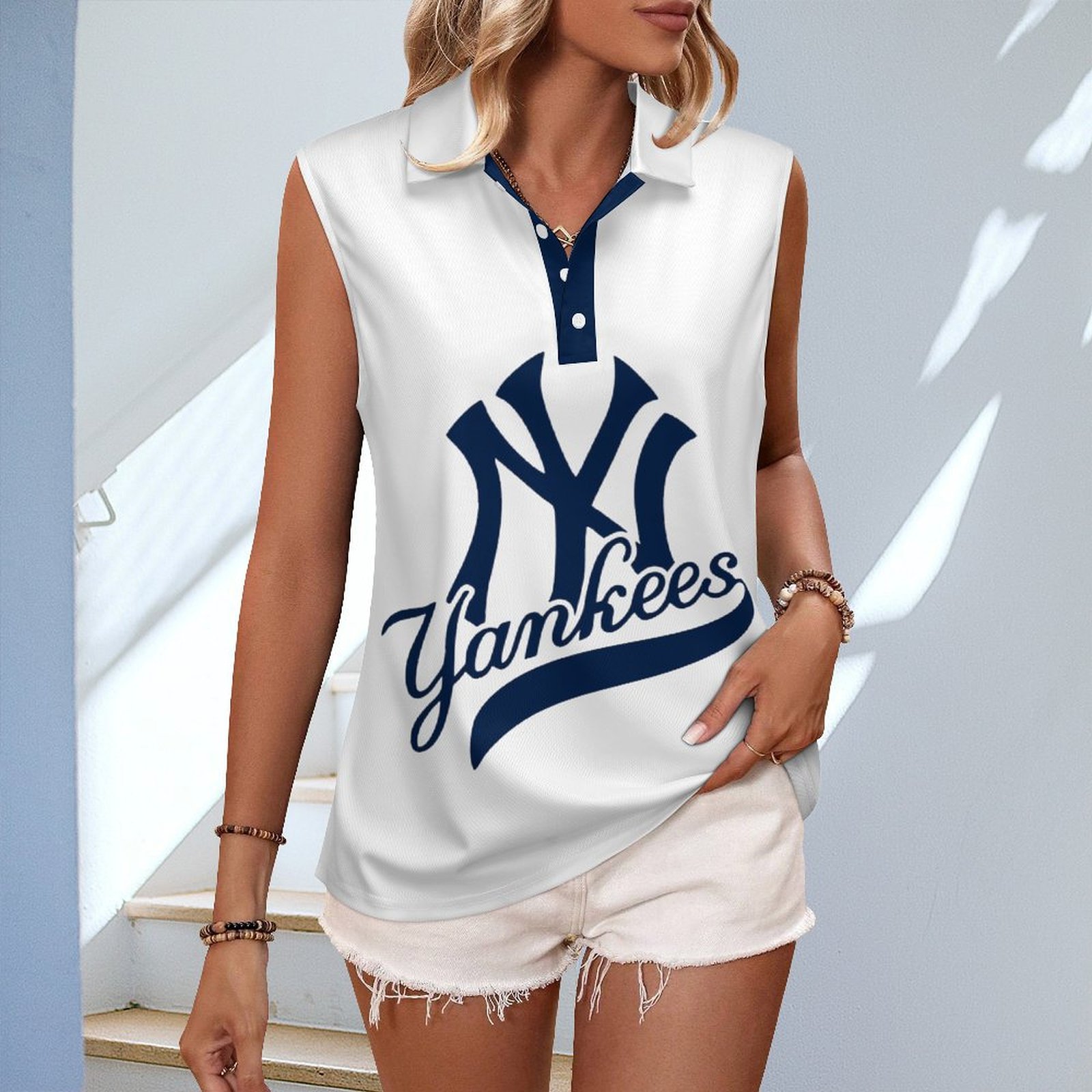 V-neck Sleeveless Casual POLO Shirt Tank Top for Women Printed with Pattern ,Blue