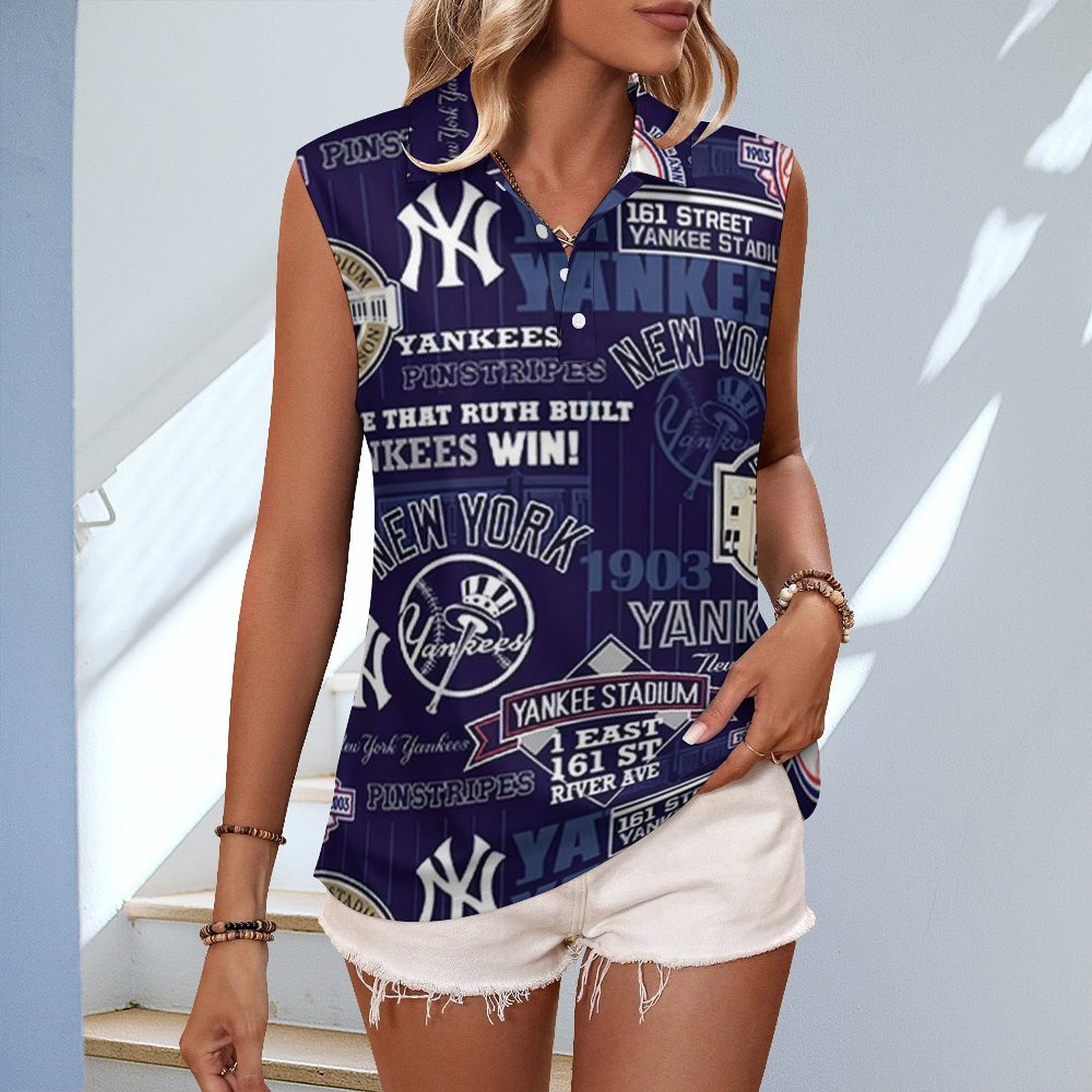 V-neck Sleeveless Casual POLO Shirt Tank Top for Women Printed with Pattern ,Blue