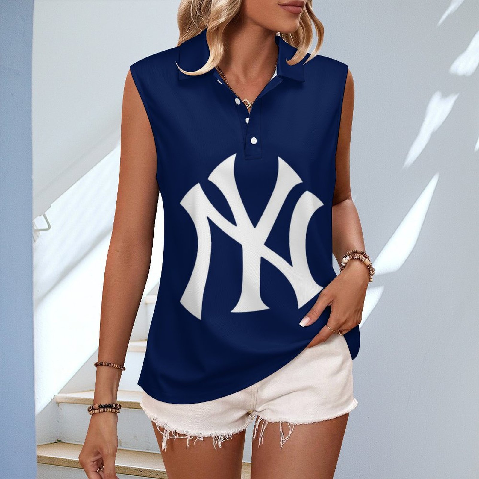 V-neck Sleeveless Casual POLO Shirt Tank Top for Women Printed with Pattern ,Blue