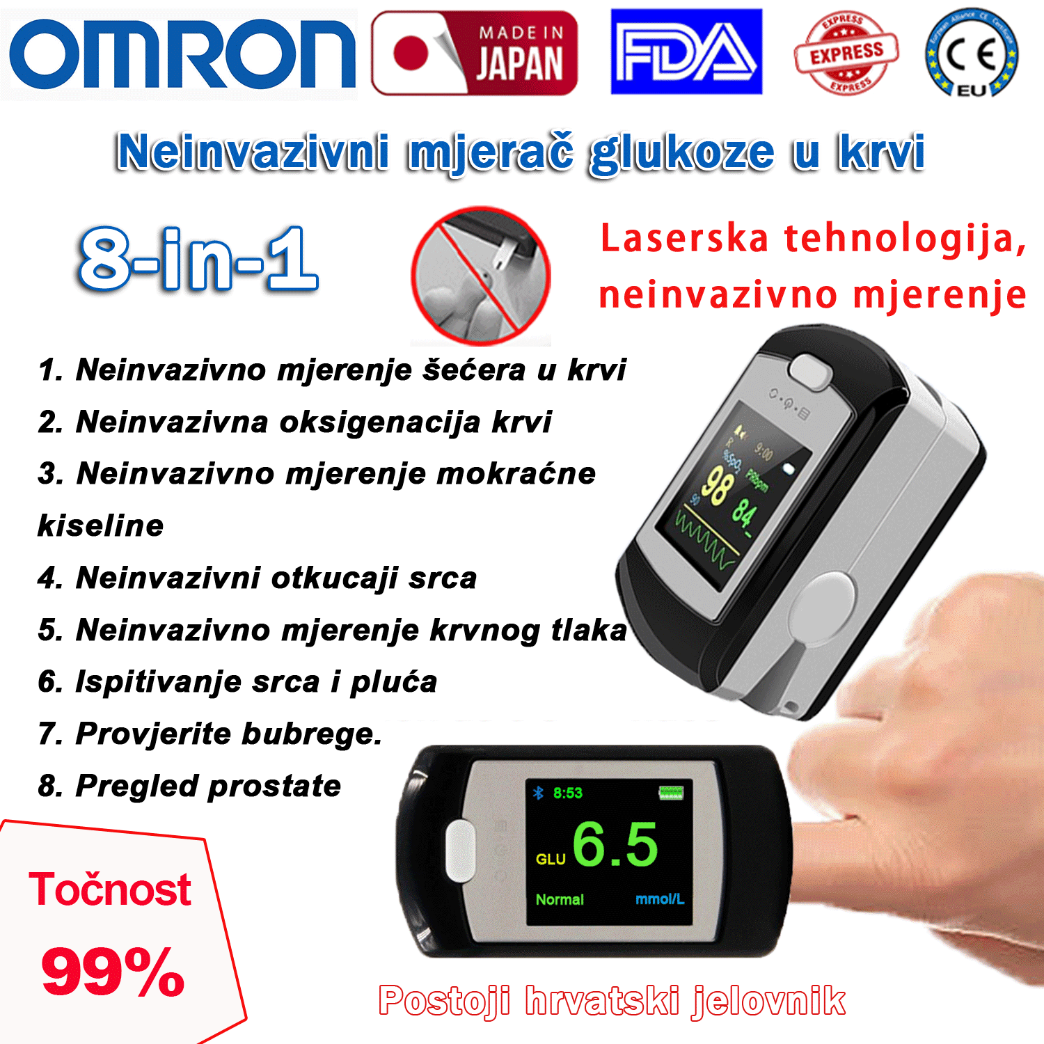 Omron neinvazivni mjerač glukoze u krvi (5 sekundi mjerenja/99% točnost)