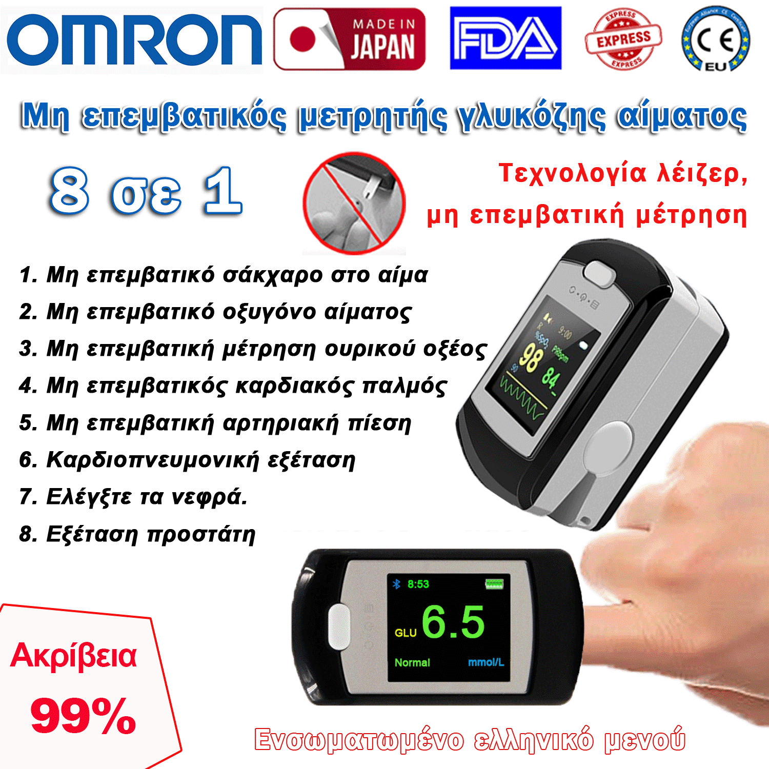  Μη επεμβατικός μετρητής γλυκόζης αίματος Omron (μέτρηση 5 δευτερολέπτων/ακρίβεια 99%)