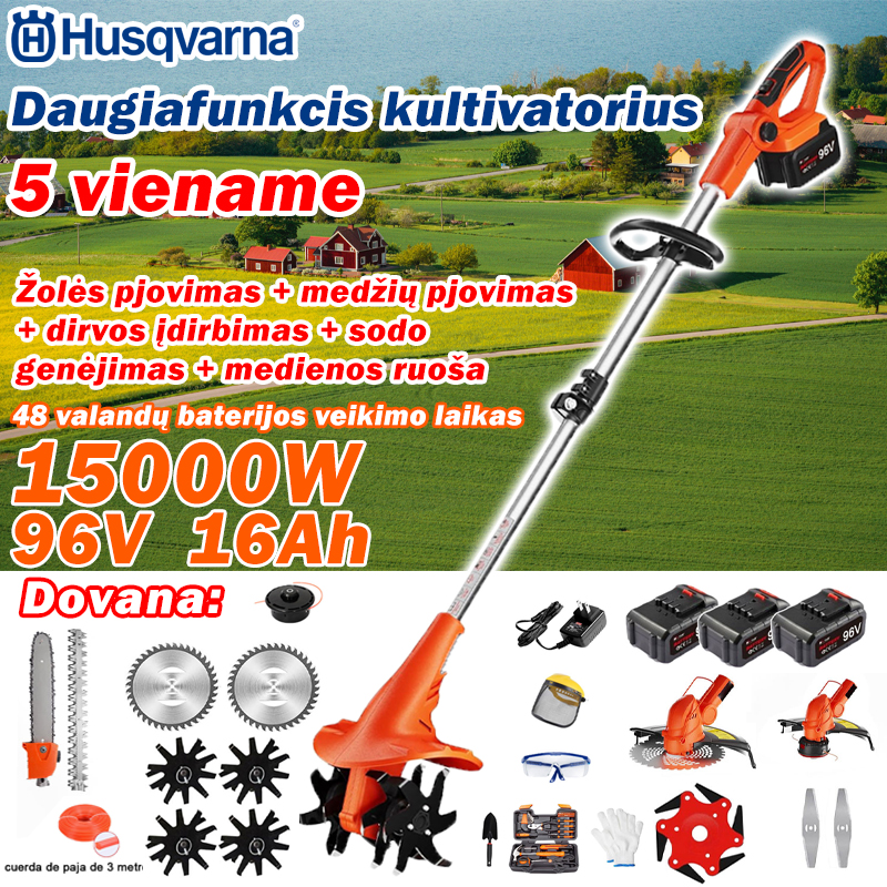 Husqvarna 5-in-1 daugiafunkcis kultivatorius (šienavimas, medžių genėjimas, dirvos įdirbimas)