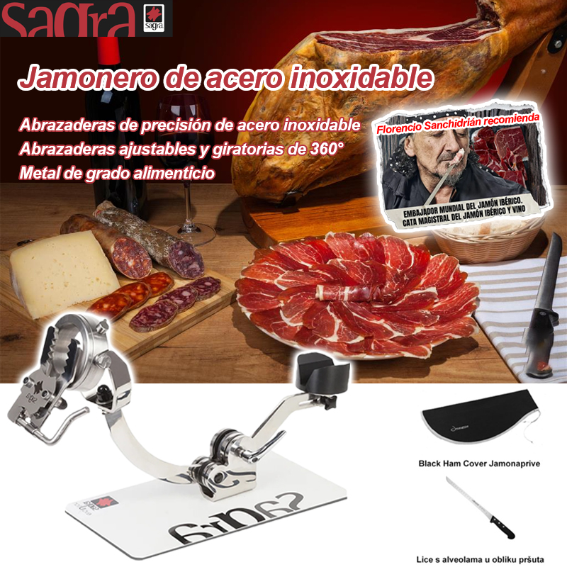 Jamonero de acero inoxidable, uno de los mejores soportes para jamón con giro y inclinación ajustabl.