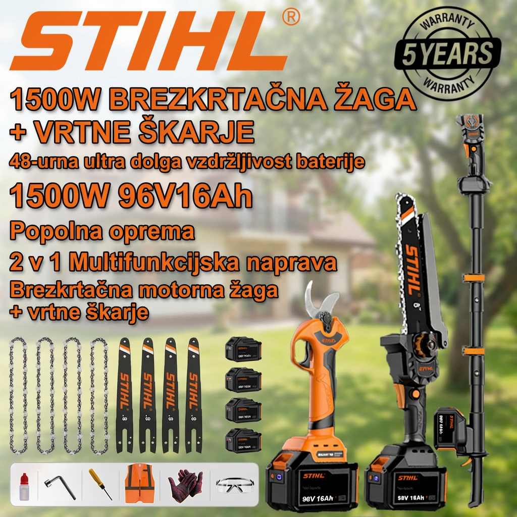 Akumulátorová řetězová pila STIHL 15000W + akumulátorové zahradní nůžky (s teleskopickou tyčí)