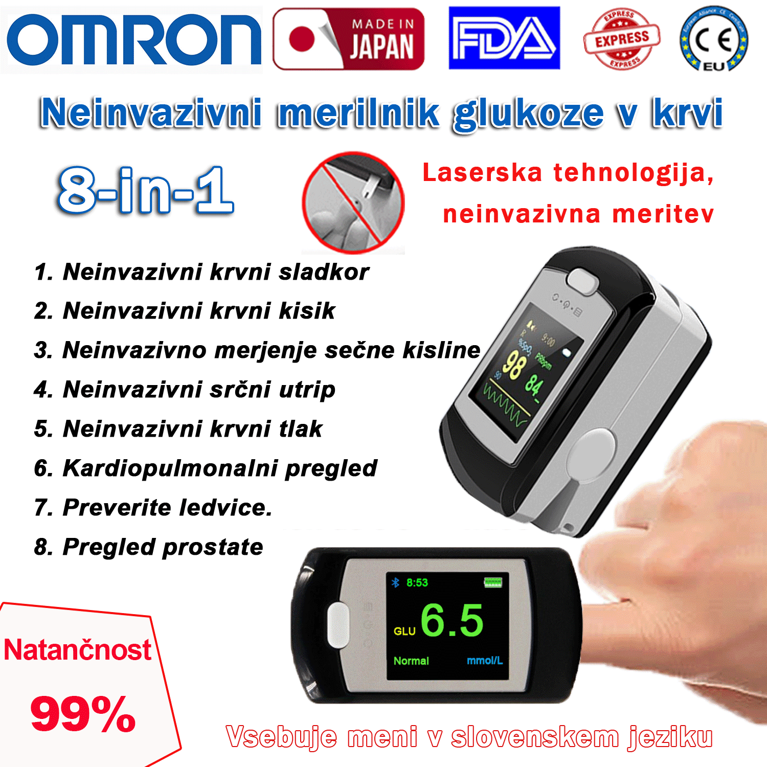 Omron neinvazivni merilnik glukoze v krvi (5 sekund merjenja/99% natančnost)