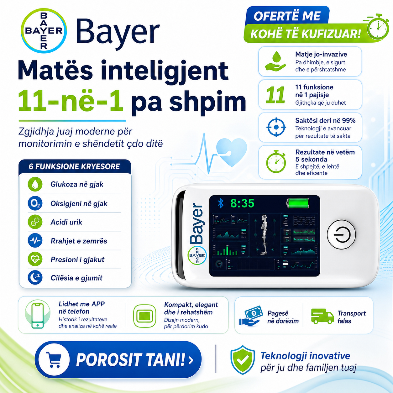 Matës shumëfunksional jo-invaziv i glukozës në gjak Bayer [11-në-1]
