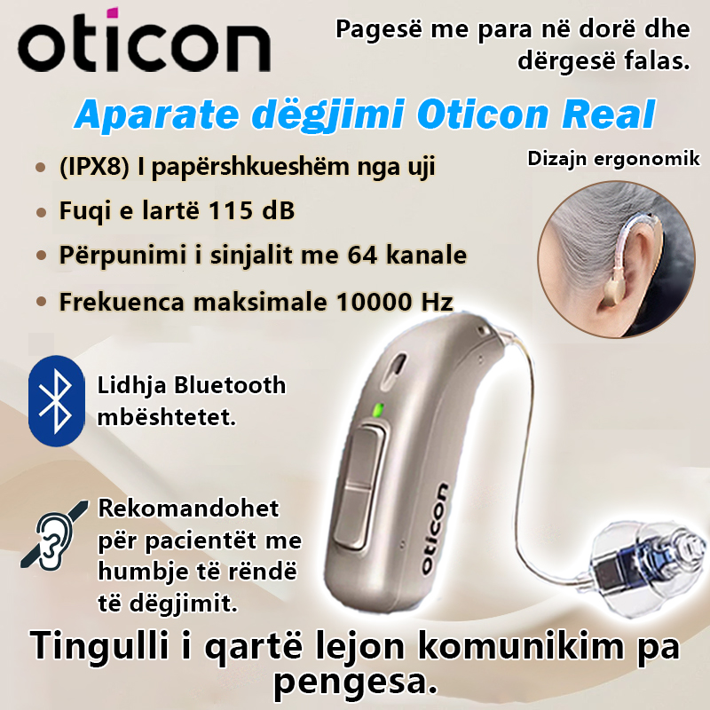 Os aparelhos auditivos Oticon Real são retroauriculares, invisíveis, possuem processamento de som de 64 canais, design crossover profissional, resistência ao pó e à água IPX8 e conectividade Bluetooth completa.