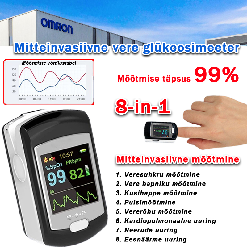  Omron mitteinvasiivne vere glükoosimeeter (5-sekundiline mõõtmine / 99% täpsus)