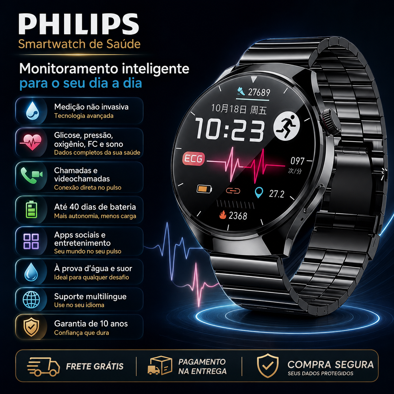 Relógio de monitorização da glicemia Philips Smart Health (medição não invasiva da glicemia)