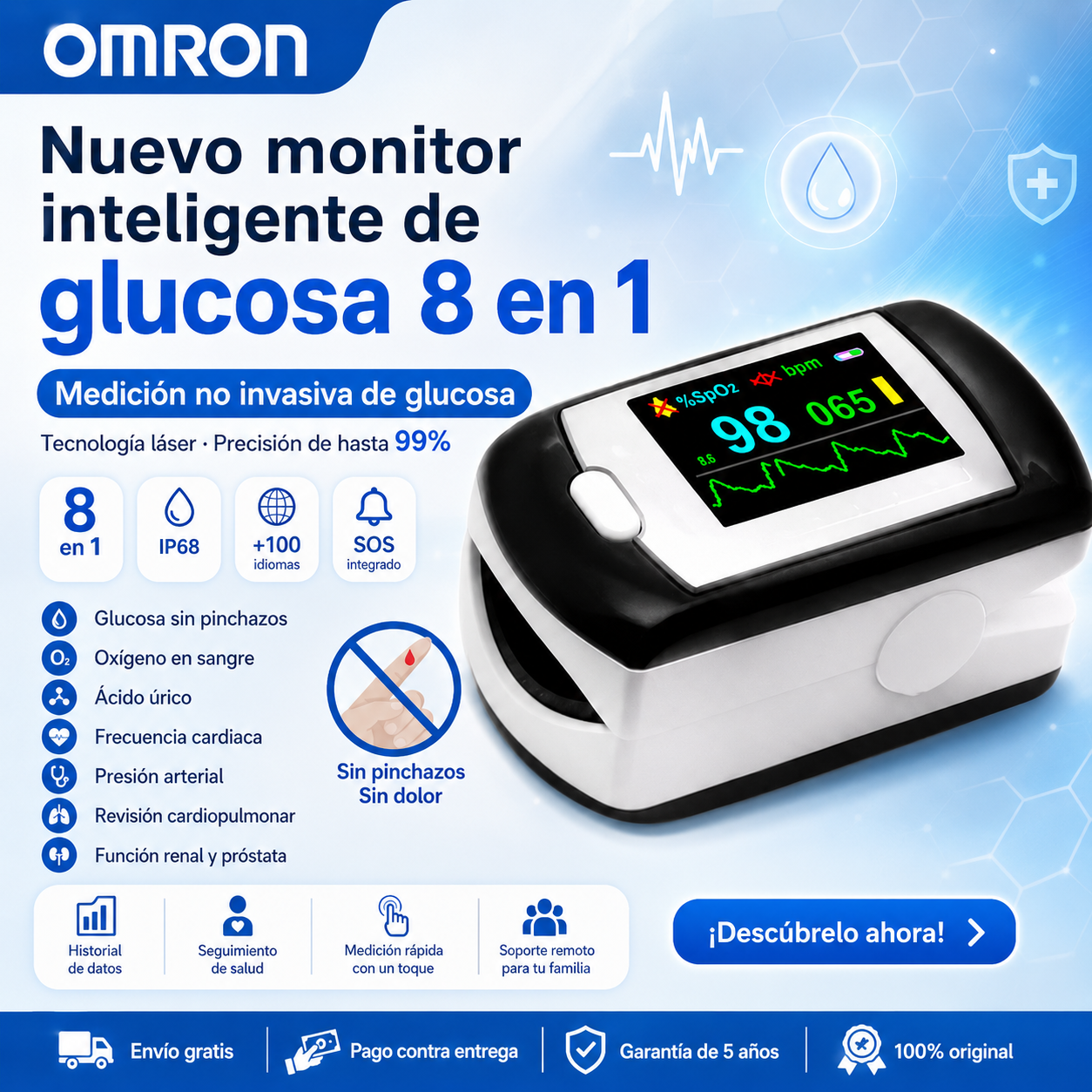 Medidor de glucosa en sangre no invasivo Omron (medición de 5 segundos/99% de precisión)