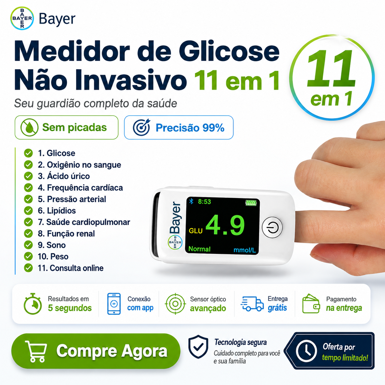 Medidor de glicemia multifuncional não invasivo 11 em 1 da Bayer
