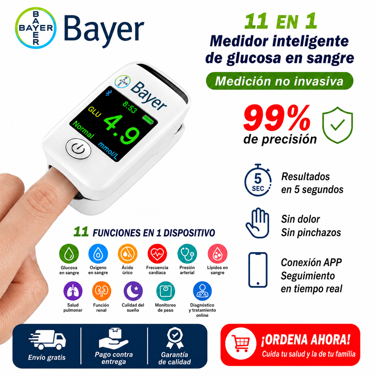 Medidor de glucosa en sangre multifunción no invasivo Bayer 11 en 1