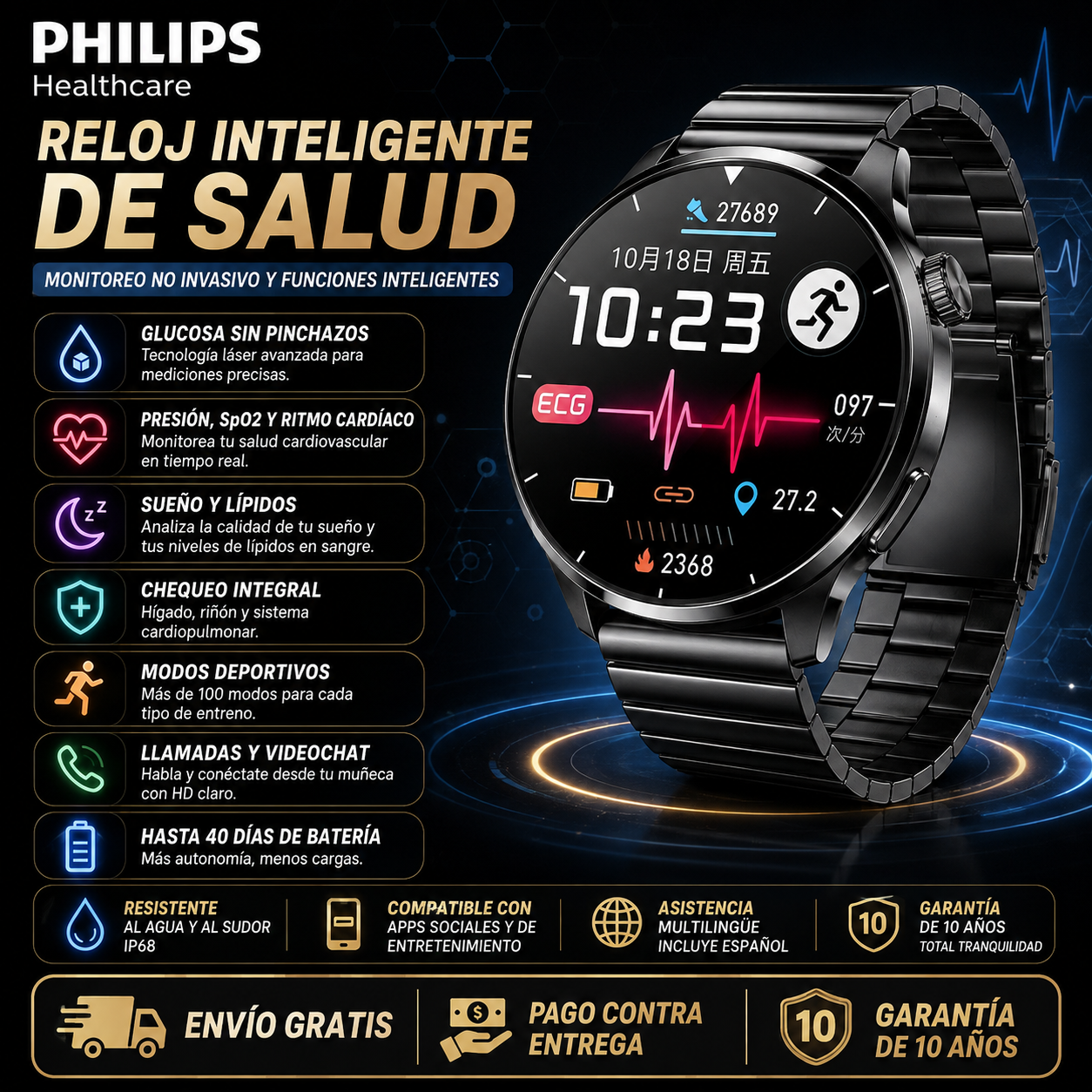 Reloj Philips Smart Health para el control de la glucosa en sangre (medición no invasiva de la glucosa en sangre)