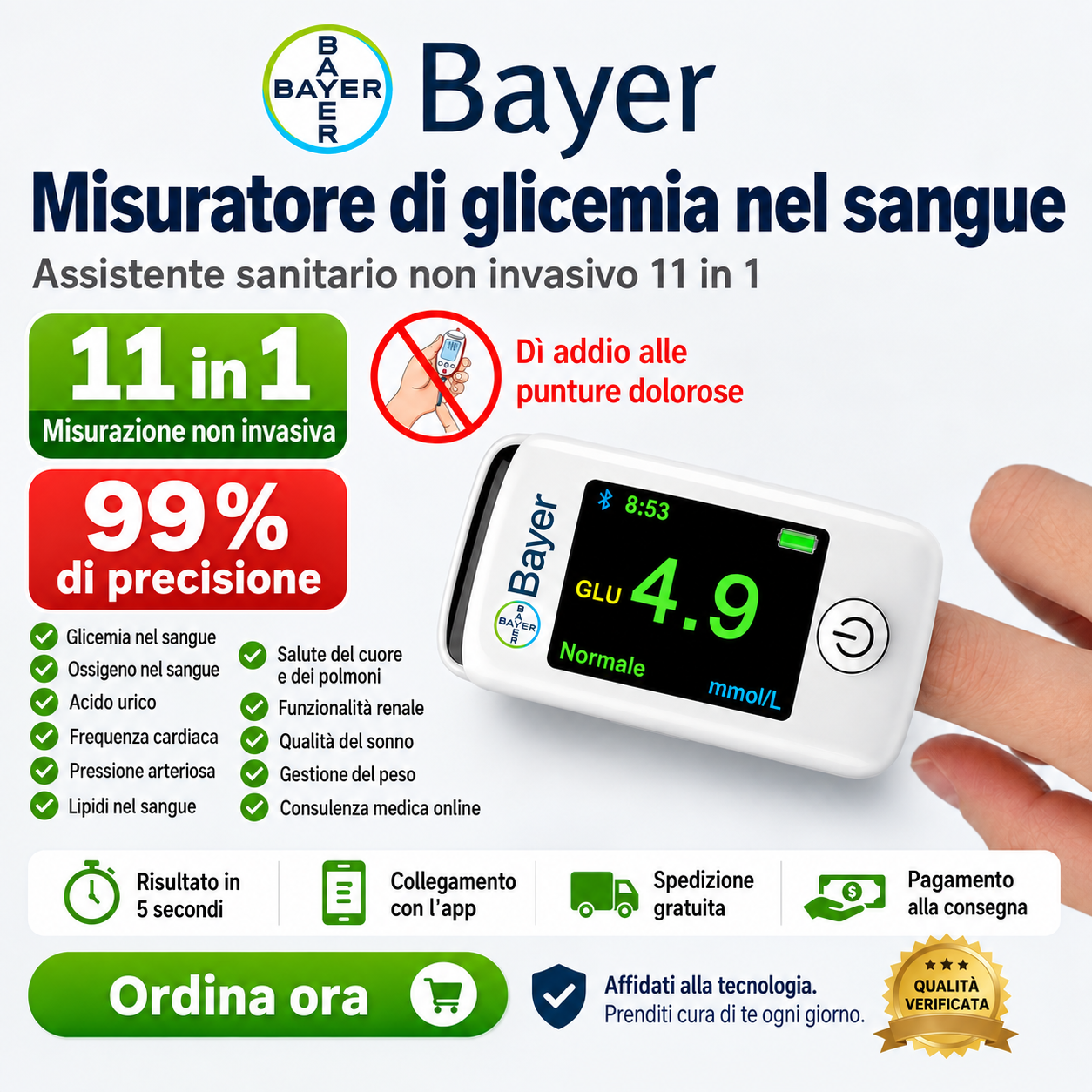 【11-in-1】Misuratore di glicemia multifunzionale non invasivo Bayer
