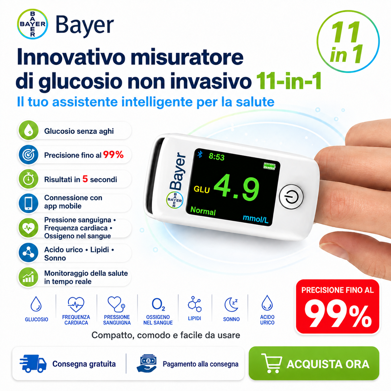 【11-in-1】Misuratore di glicemia multifunzionale non invasivo Bayer