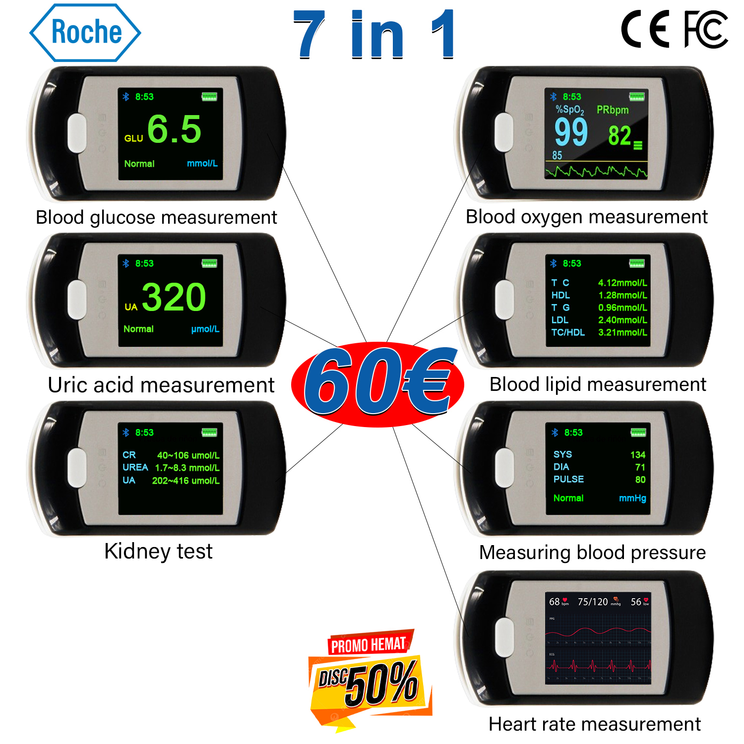  Medidor de glucosa en sangre no invasivo de Roche Healthcare (medición de 5 segundos/99 % de precisi