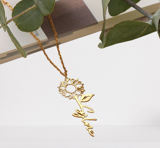 Custom Silver Sunflower Necklace - Personalized Name Pendant Jewelry - Hypoallergenic Floral Gift for Mom
