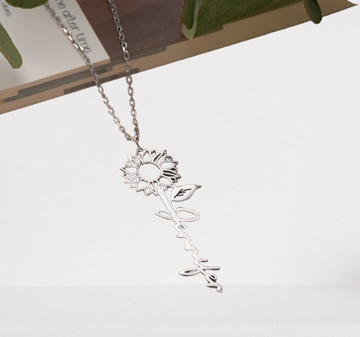Custom Silver Sunflower Necklace - Personalized Name Pendant Jewelry - Hypoallergenic Floral Gift for Mom