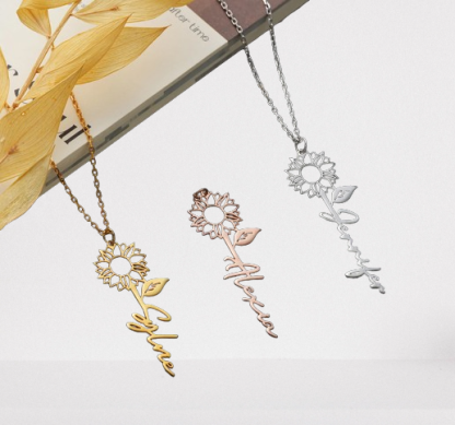 Custom Silver Sunflower Necklace - Personalized Name Pendant Jewelry - Hypoallergenic Floral Gift for Mom