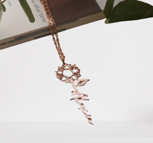 Custom Silver Sunflower Necklace - Personalized Name Pendant Jewelry - Hypoallergenic Floral Gift for Mom