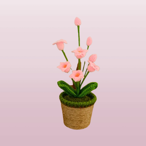 Handcrafted Crochet Lily Pot - Whimsical Pink Floral Arrangement