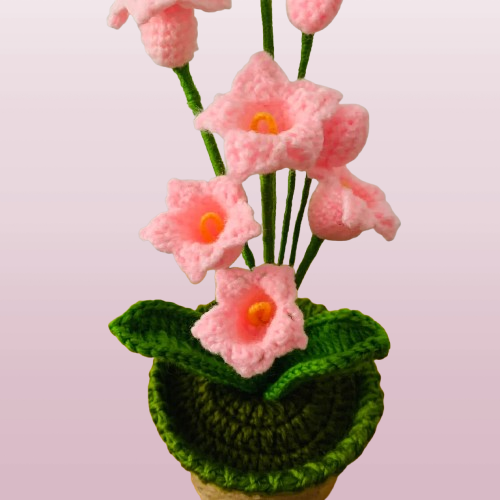 Handcrafted Crochet Lily Pot - Whimsical Pink Floral Arrangement
