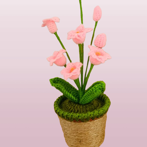 Handcrafted Crochet Lily Pot - Whimsical Pink Floral Arrangement