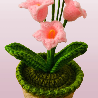 Handcrafted Crochet Lily Pot - Whimsical Pink Floral Arrangement