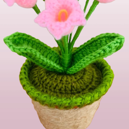 Handcrafted Crochet Lily Pot - Whimsical Pink Floral Arrangement