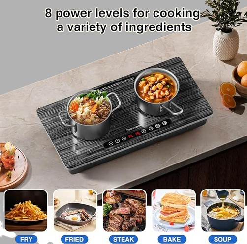 Double Induction Cooktop - 1800W, 2 Burners with Power Boost, Child Lock, 8 Power Levels & Timer | 110V Touch Control Electric Stovetop"