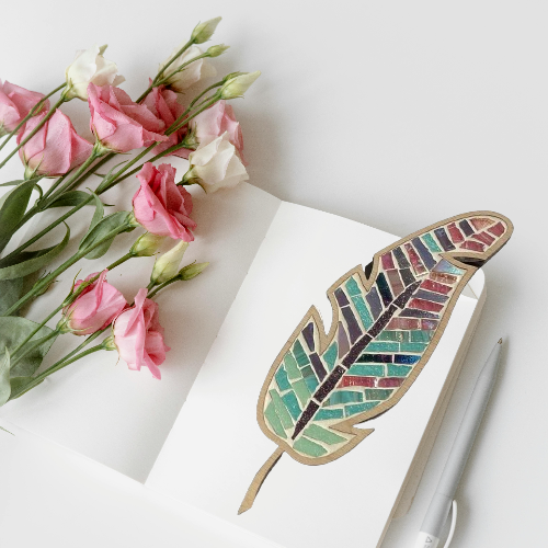 DIY Feather Wall Art Kit - Boho-Inspired Mosaic Craft with Pink, Green & Turquoise Feathers