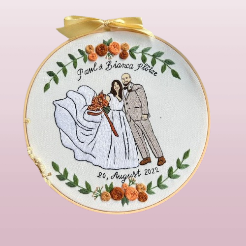 Custom Embroidered Photo Portrait - Handcrafted Wedding Gift, Anniversary Keepsake with Botanical Details