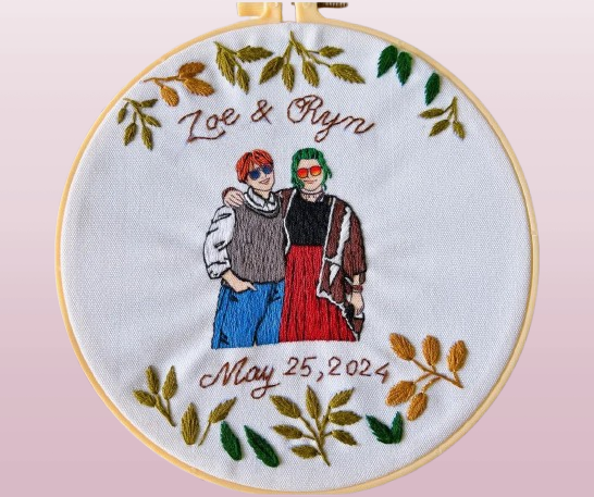 Custom Embroidered Photo Portrait - Handcrafted Wedding Gift, Anniversary Keepsake with Botanical Details