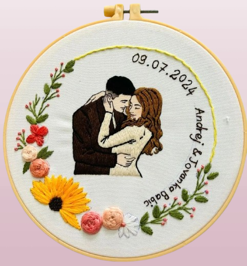 Custom Embroidered Photo Portrait - Handcrafted Wedding Gift, Anniversary Keepsake with Botanical Details