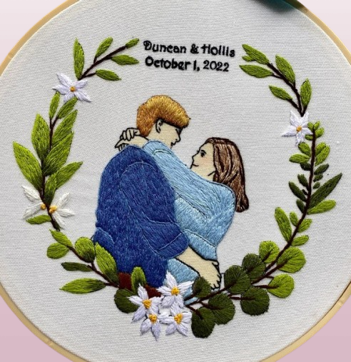 Custom Embroidered Photo Portrait - Handcrafted Wedding Gift, Anniversary Keepsake with Botanical Details