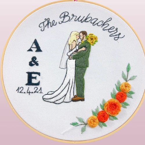 Custom Embroidered Photo Portrait - Handcrafted Wedding Gift, Anniversary Keepsake with Botanical Details