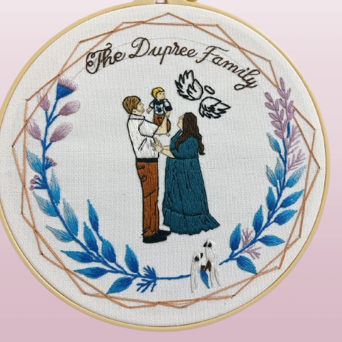 Custom Embroidered Photo Portrait - Handcrafted Wedding Gift, Anniversary Keepsake with Botanical Details