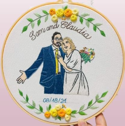 Custom Embroidered Photo Portrait - Handcrafted Wedding Gift, Anniversary Keepsake with Botanical Details