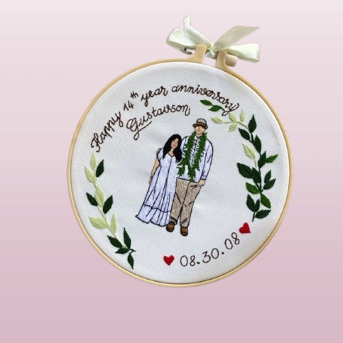 Custom Embroidered Photo Portrait - Handcrafted Wedding Gift, Anniversary Keepsake with Botanical Details