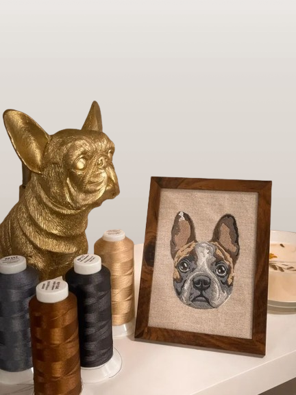 Handmade Pet Memorial Embroidery - Personalized Pet Portrait in Walnut Frame, Unique Home Decor Gift
