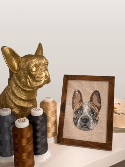 Handmade Pet Memorial Embroidery - Personalized Pet Portrait in Walnut Frame, Unique Home Decor Gift
