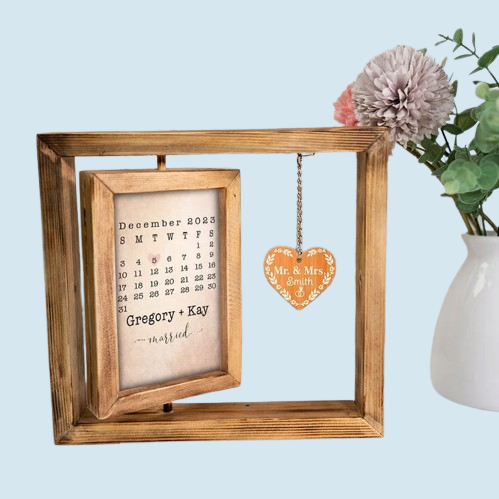 Heart-Shaped Rotating Photo Frame - Personalized Wooden Anniversary & Wedding Gift for Couples