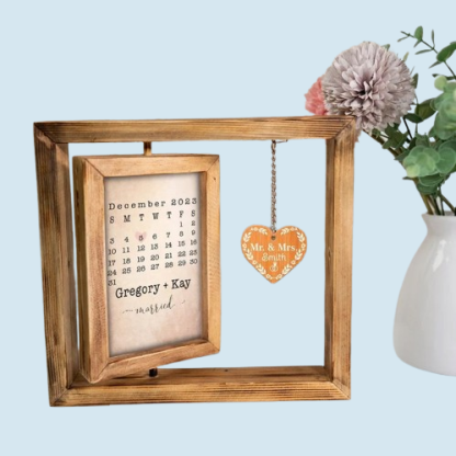 Heart-Shaped Rotating Photo Frame - Personalized Wooden Anniversary & Wedding Gift for Couples