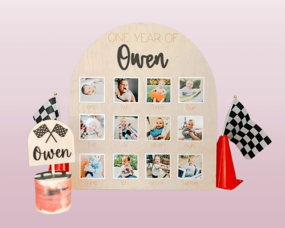 Baby’s First Year Photo Board – Personalized Wooden Milestone Tracker with 12 Monthly Photo Spaces | Birthday Banner