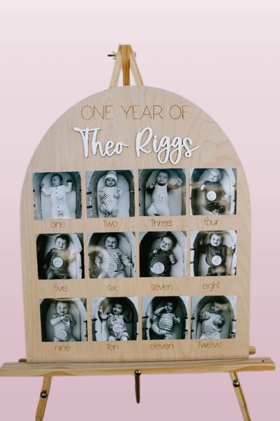 Baby’s First Year Photo Board – Personalized Wooden Milestone Tracker with 12 Monthly Photo Spaces | Birthday Banner