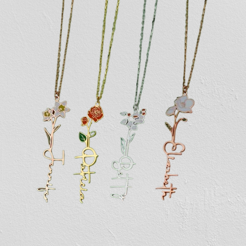 Name Necklace with Birth Month Flower - Custom Floral Jewelry Gift for Women & Mom