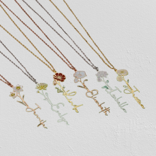 Name Necklace with Birth Month Flower - Custom Floral Jewelry Gift for Women & Mom